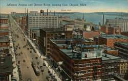 Jefferson Avenue and Detroit River Postcard