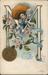 Michigan State Girl, Seal and Flower State Girls Postcard Postcard Postcard