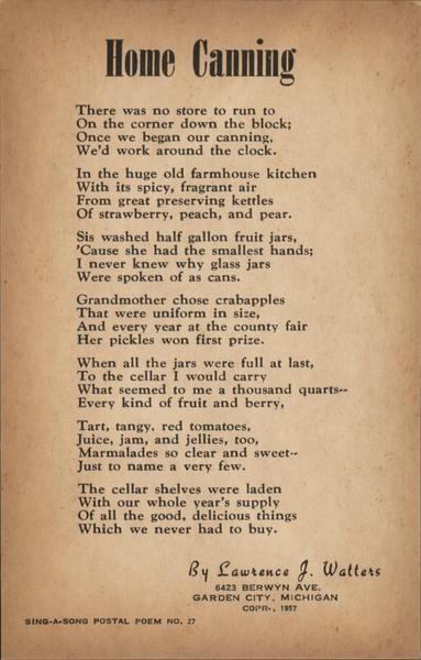 Poem About Home Canning by Lawrence J. Walters Garden City Michigan