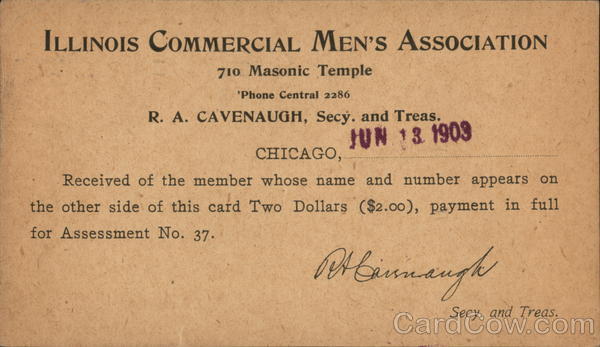 Illinois Commercial Men's Association Acknowledgement of $2 Assessment Received