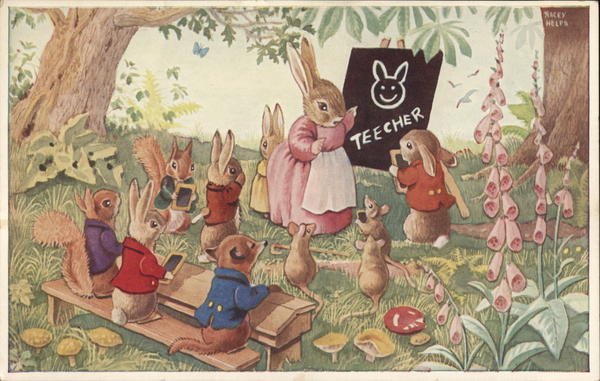 Bunny School in Woods Racey Helps Dressed Animals