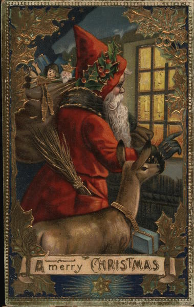 Santa with Reindeer and Bag of Toys Santa Claus