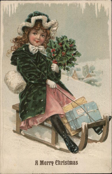 A Merry Christmas with Girl on Sled Children