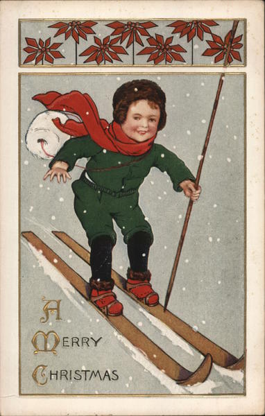 Boy With Fur Hat And Red Scarf Skiing Downhill Children