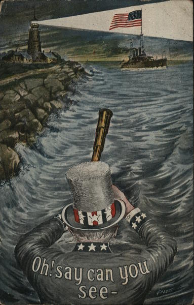 Uncle Sam Looking at Navy Boat Patriotic