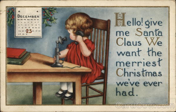 Little Girl Calling Santa Claus on the Telephone Children