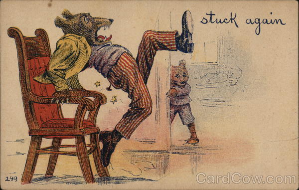 An anthropomorphic bear jumps startled from a chair, having sat on a tack