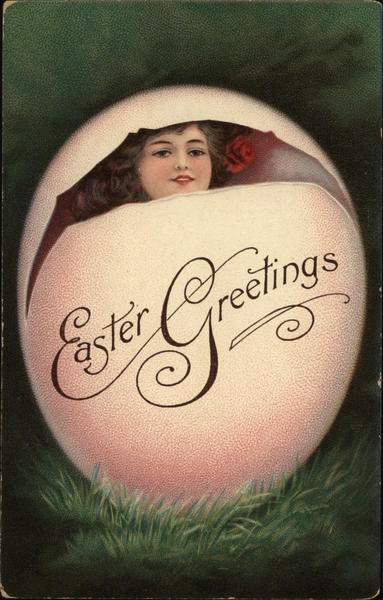 Easter Greetings with Girl in Egg Eggs