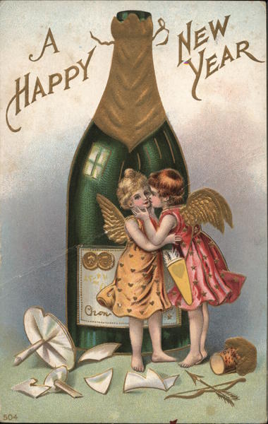 A Happy New Year Champagne Bottle and Winged Girls