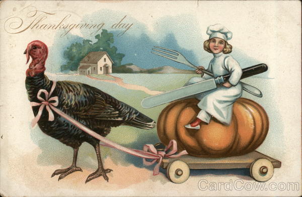 Thanksgiving Day with Turkey Pulling Young Chef on Pumpkin Cart