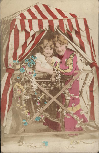 Woman and Child with Flowers under Striped Canopy Women
