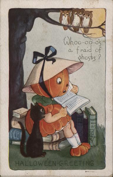 Halloween Greeting with Child Dressed as Pumpkin Reading with a Cat