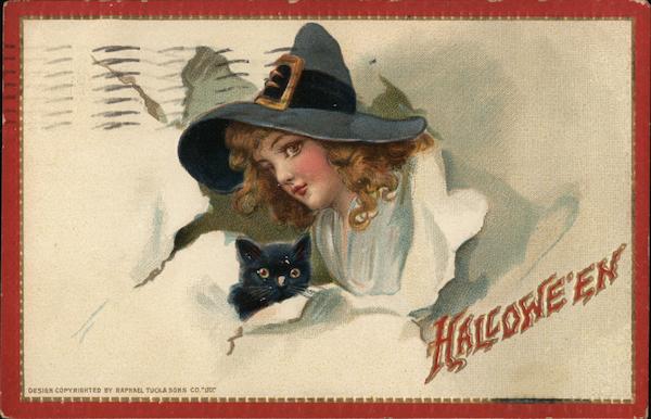 A beautiful witch and her black cat burst through a wall with Halloween written on it