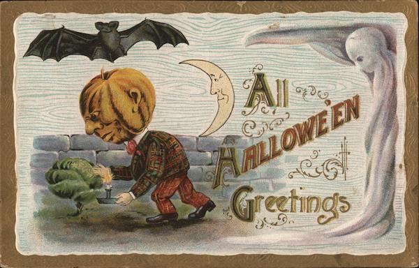 All Halloween Greetings - Pumpkin-headed man with candle, bat and moon