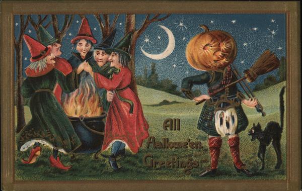 Witches, Pumpkin Head and Black Cat on Halloween