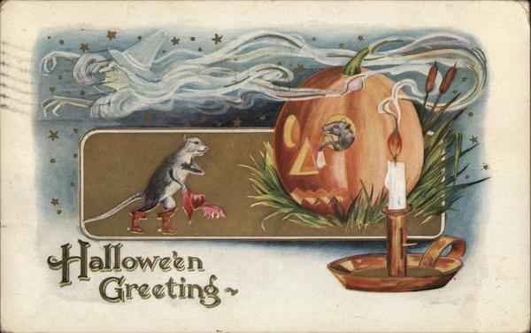 Halloween Greeting - Jack-o-Lantern, witch, candle, and mouse.