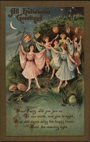 All Halloween Greetings with girls and paper lanterns