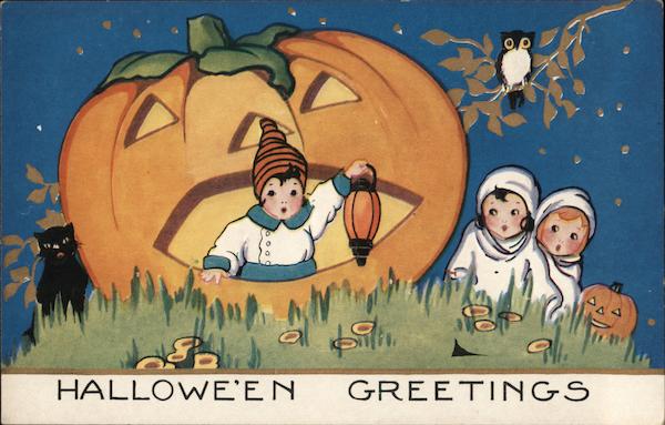 Halloween Greetings with Children and Jack o'lanterns