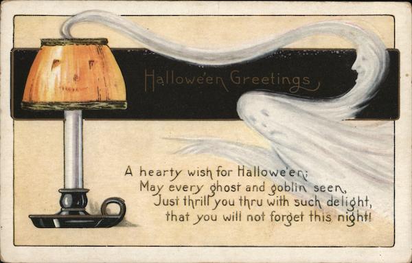 Halloween Greetings with Ghost Coming out of Candle Smoke
