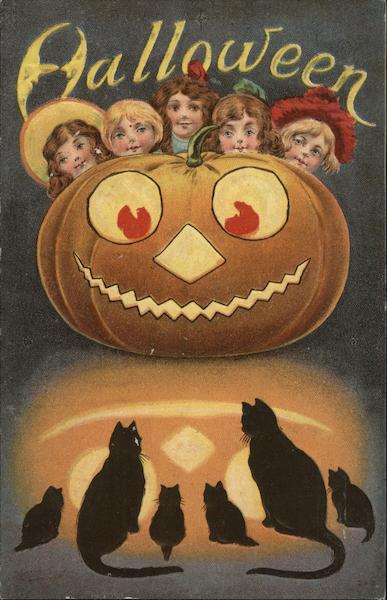 Halloween with Jack o'lantern, Children, and Black Cats
