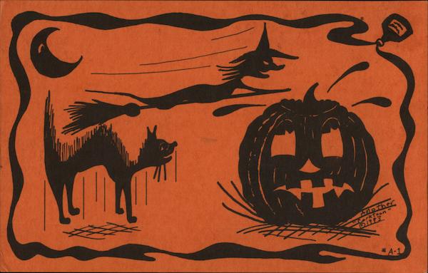 Halloween Scene with black cat, witch, and Jack o' Lantern