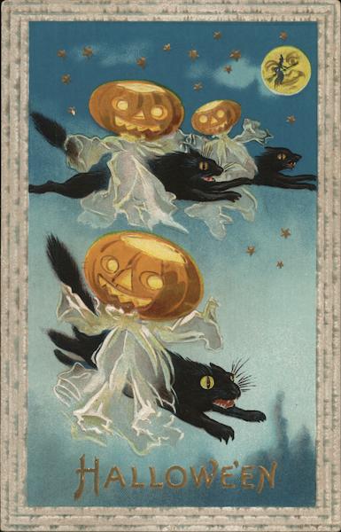 Halloween with Ghostly Jack o'lanterns on Black Cats