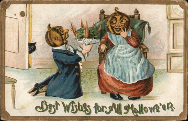 Jack O'Lantern Man Bringing Flowers To Jack O'Lantern Woman