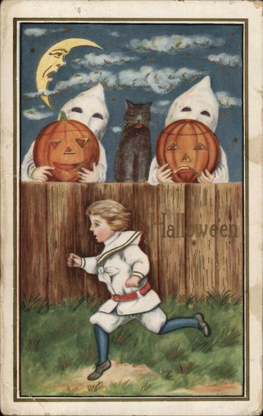 Ghosts and a Cat Scaring a Child with Jack o'lanterns