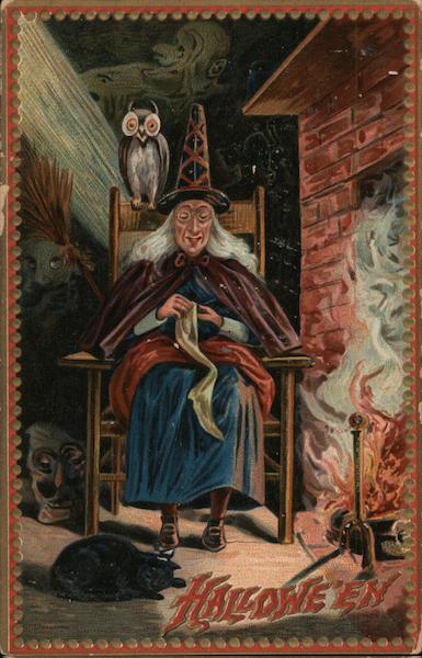 Halloween Witch Darns Socks by Fire