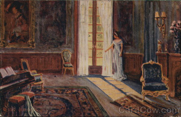 Woman Looking out of Curtained Parlor Window Women