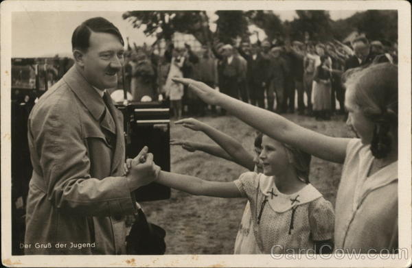 1935 Adolf Hitler greets saluting young girls Nazi Germany