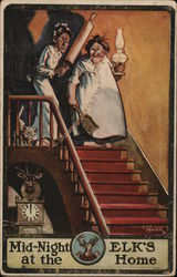 Two Spinsters Coming Down Stairs Armed With Rolling Pin & Shovel Elks Club Postcard Postcard