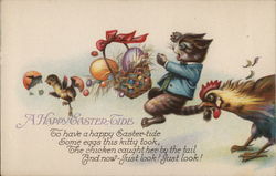 A Happy Easter Tide with Chicken Biting Kitten, Upsetting Easter Egg Basket and Chick A Happy Easter Tide with Chicken Biting Kitten, Upsetting Easter Egg Basket and Chick
