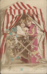 Woman and Child with Flowers under Striped Canopy Women Postcard Postcard