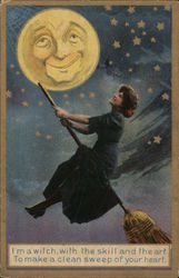 Witch on a broom flying near the moon. Halloween Postcard Postcard