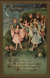 All Halloween Greetings with girls and paper lanterns Postcard