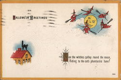 Halloween Greetings with Witches Flying Around the Moon Postcard Postcard