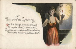 Woman looking in mirror by candlelight Halloween Postcard Postcard