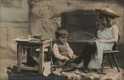 Boy Polishing Girl's Shoe Children Postcard Postcard