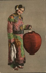 Asian girl in traditional garb holding red lantern Postcard