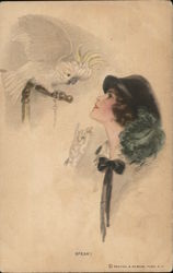 Woman Talking to Parrot - "Speak!" Harrison Fisher Postcard Postcard