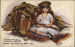 Young Girl With Father's Uniform and Gun and Suitcase Military Postcard Postcard