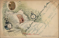 Alarm Clocks and Sleeping Man Postcard