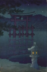 Torii gate in lake at night Postcard