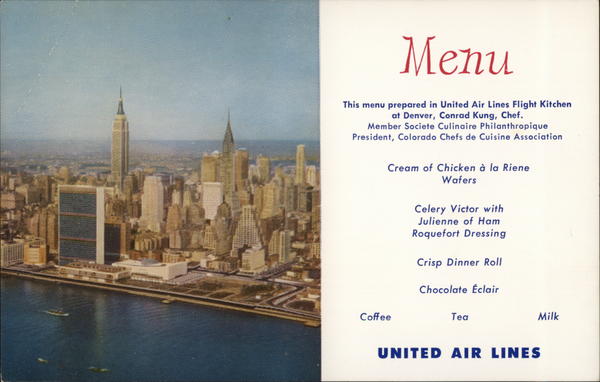 United Air Lines Menu United Nations, Empire State and Chrysler Buildings New York