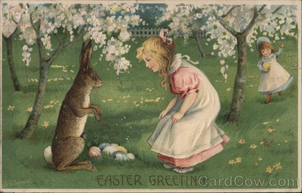 Easter Greeting - Bunny with two girls With Bunnies