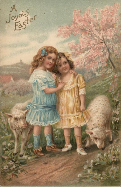 A Joyous Easter - Two Girls with Lambs With Children