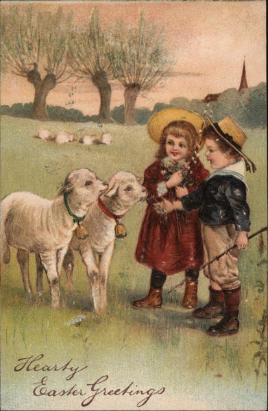 Hearty Easter Greetings - Two children with two lambs