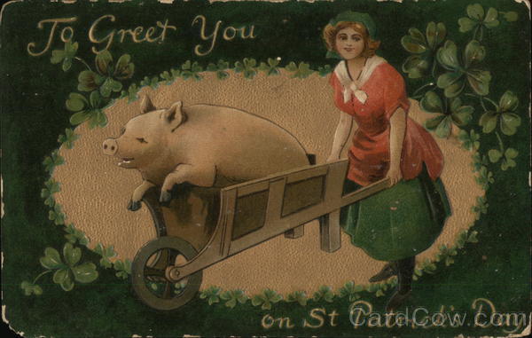 A large pig in a wheelbarrow bushed by a woman. St. Patrick's Day
