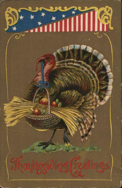 Thanksgiving Greetings - Turkey holding a basket of food